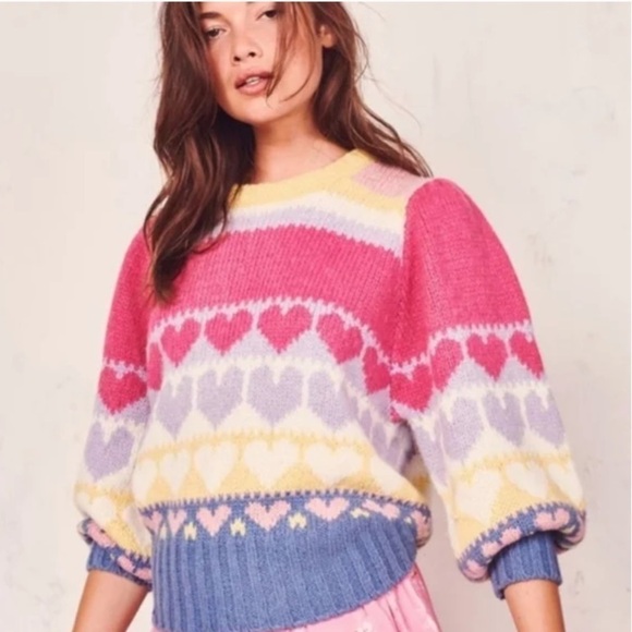 LoveShackFancy Shirelle Pullover Pink Icing Heart Printed Sweater - Picture 3 of 9